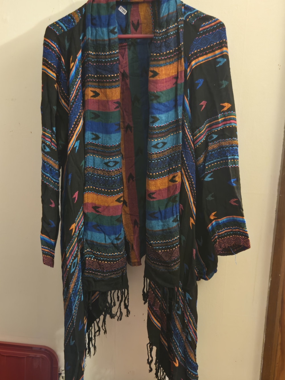 Open-Front Bohemian Fringe Jacket - Black with Multicolor Stripes